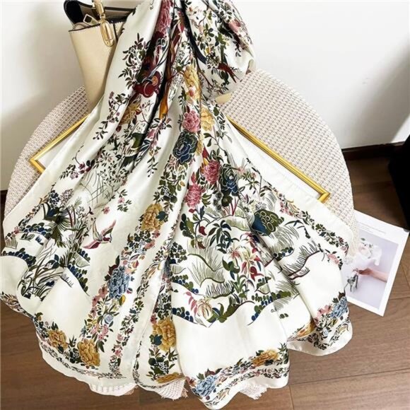 Lightweight Satin Scarves Large Capacity White Floral - Picture 4 of 6